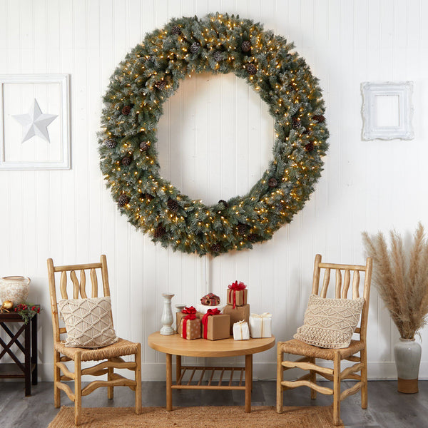 6’ Giant Flocked Christmas Wreath with Pinecones, 600 Clear LED Lights and 1000 Bendable Branches