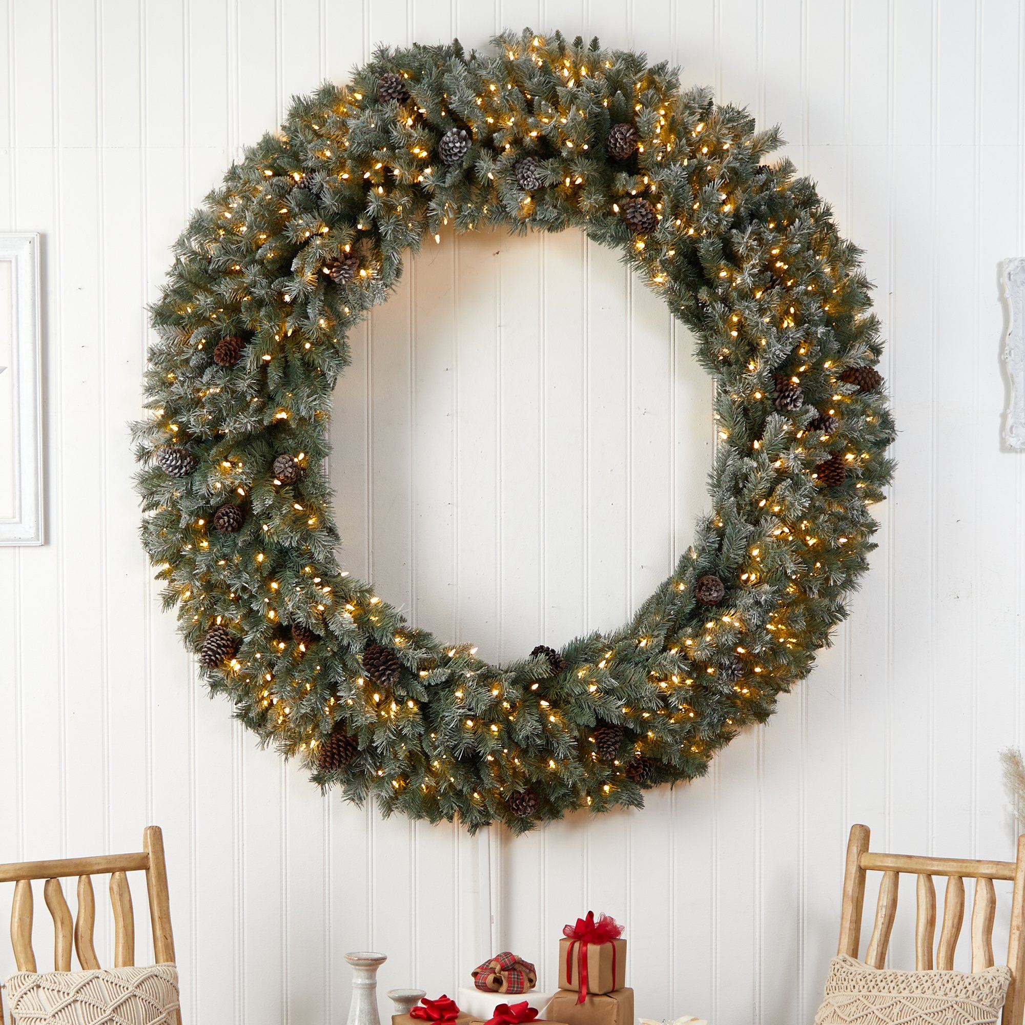 6' Giant Flocked Christmas Wreath with Pinecones, 600 Clear LED