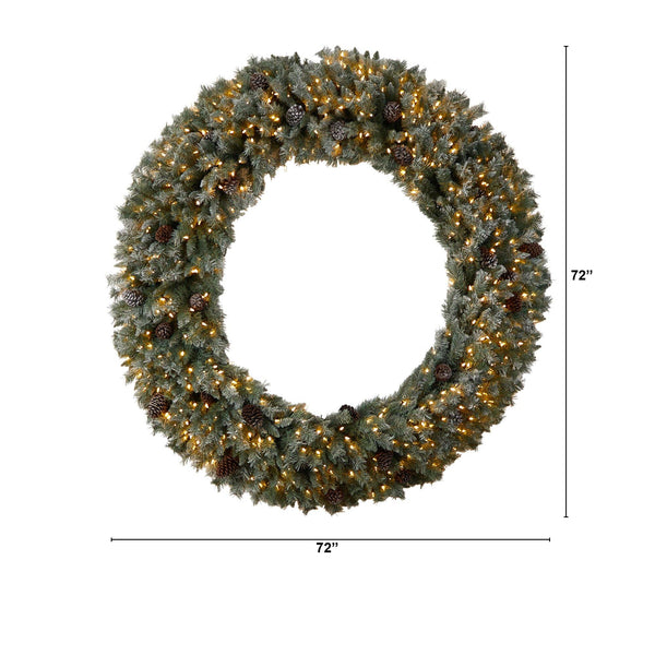 6’ Giant Flocked Christmas Wreath with Pinecones, 600 Clear LED Lights and 1000 Bendable Branches