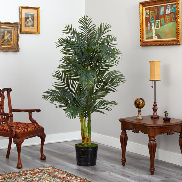 6’ Golden Cane Artificial Palm Tree in Black Tin Planter