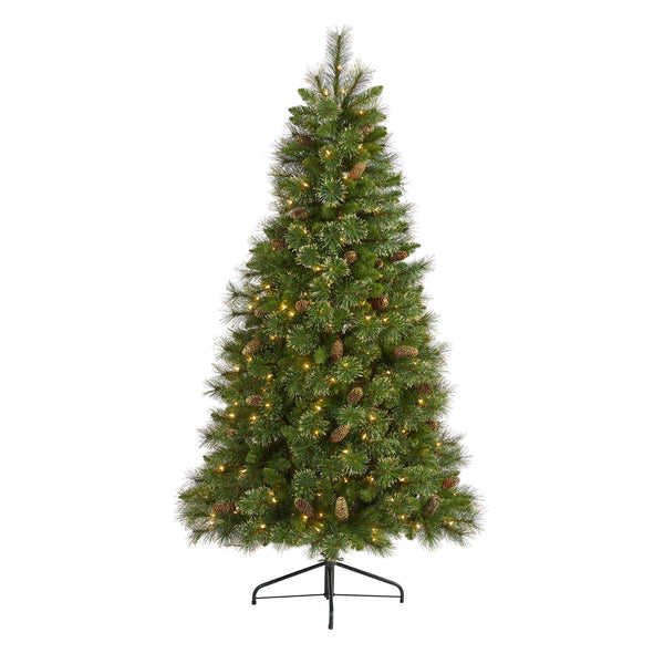 6’ Golden Tip Washington Pine Artificial Christmas Tree with 250 Clear Lights, Pine Cones and 750 Bendable Branches