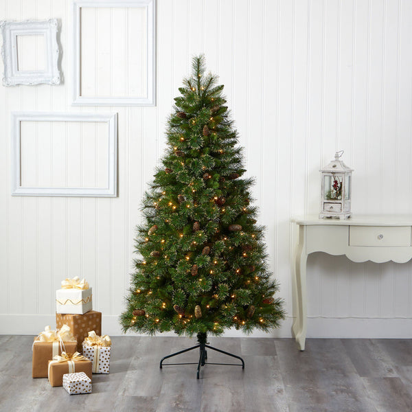 6’ Golden Tip Washington Pine Artificial Christmas Tree with 250 Clear Lights, Pine Cones and 750 Bendable Branches