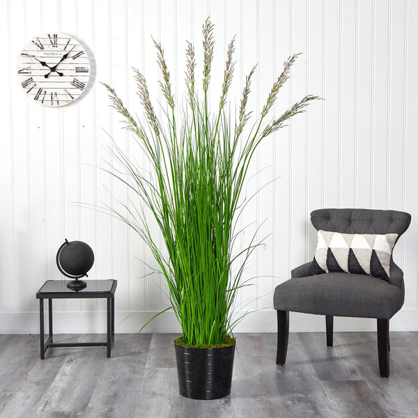 6’ Grass Artificial Plant in Black Tin Planter with Faux Moss