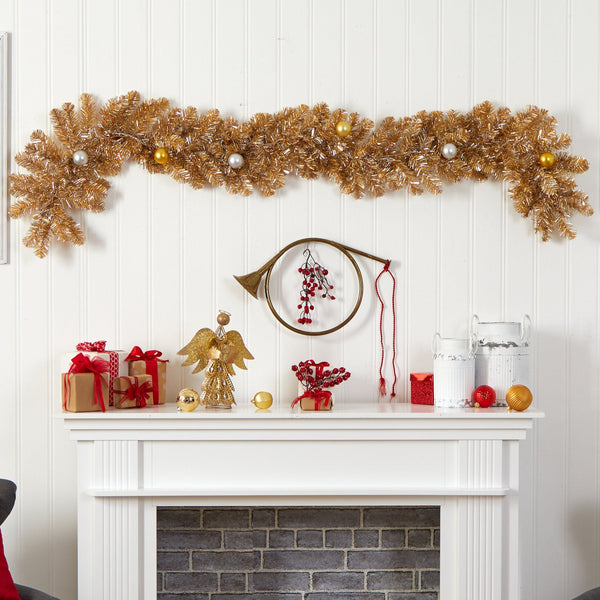 6' Holiday Christmas Golden Garland with Ornaments and 50 Warm White Lights