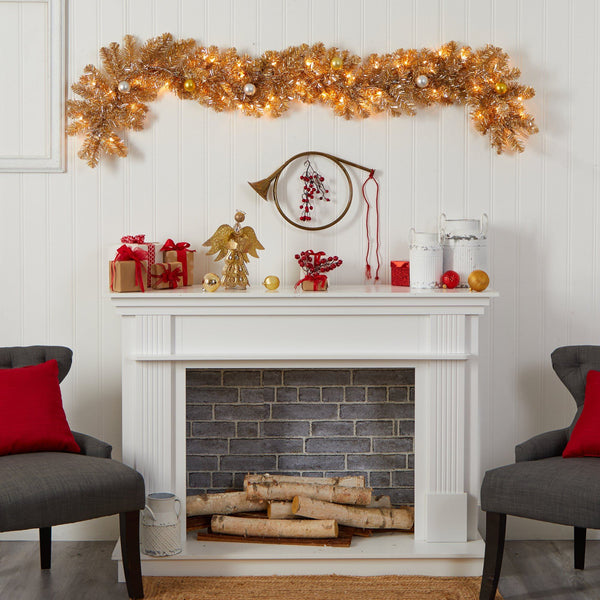 6' Holiday Christmas Golden Garland with Ornaments and 50 Warm White Lights