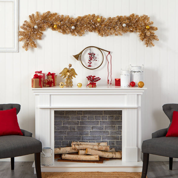 6' Holiday Christmas Golden Garland with Ornaments and 50 Warm White Lights