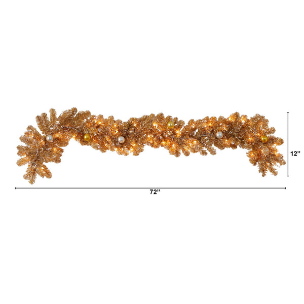 6' Holiday Christmas Golden Garland with Ornaments and 50 Warm White Lights