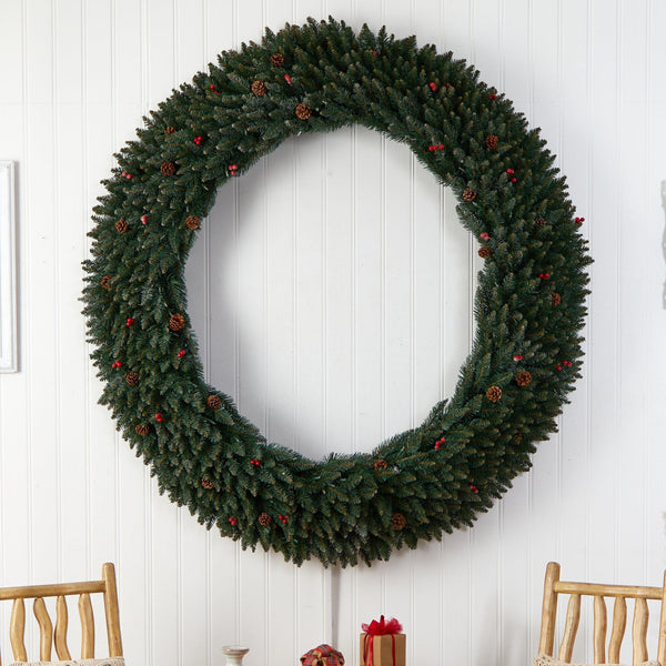 6’ Large Flocked Wreath with Pinecones, Berries, 600 Clear LED Lights and 1080 Bendable Branches
