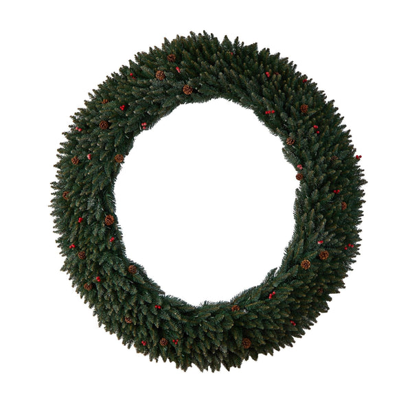 6’ Large Flocked Wreath with Pinecones, Berries, 600 Clear LED Lights and 1080 Bendable Branches