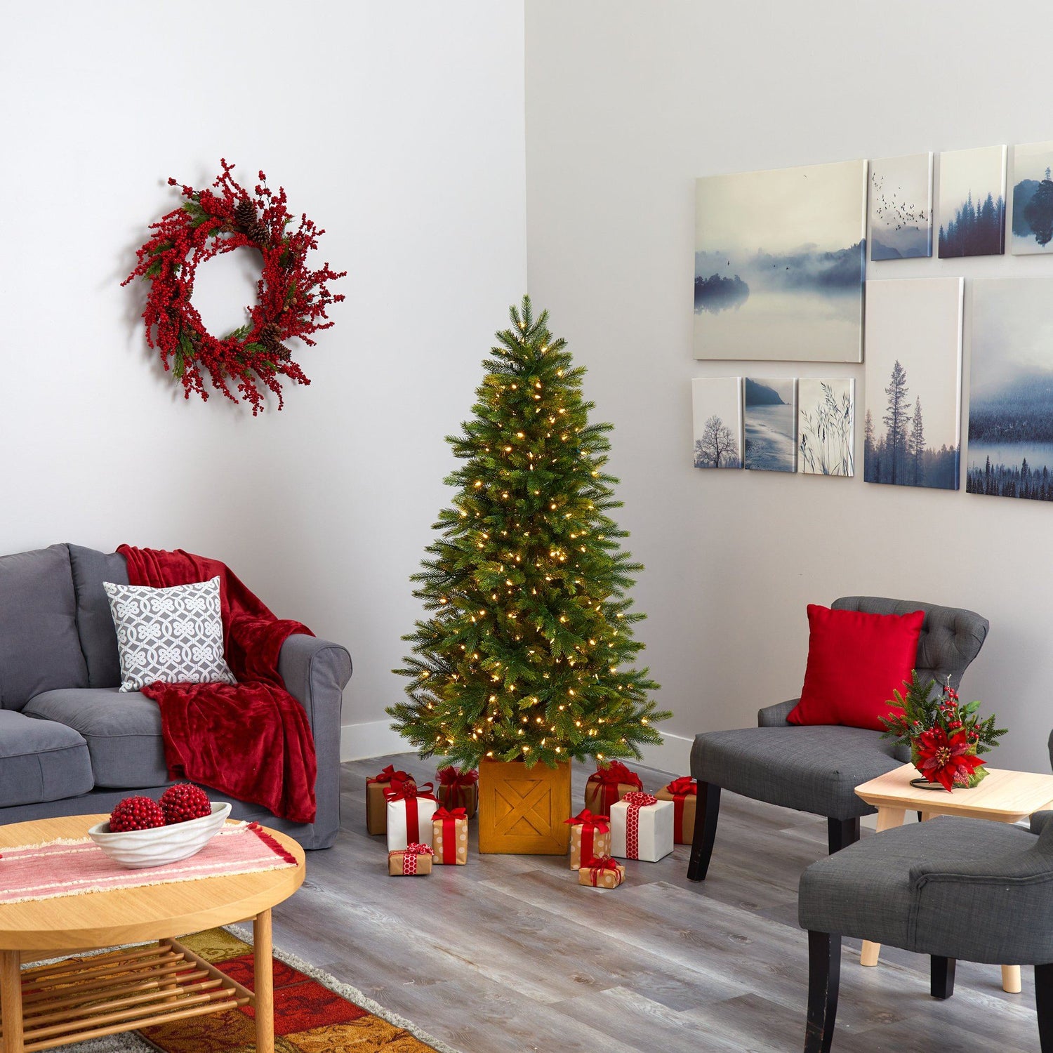 6' Manchester Fir Artificial Christmas Tree in Decorative Planter with 350 Clear Warm (Multifunction) LED Lights and 504 Bendable Branches