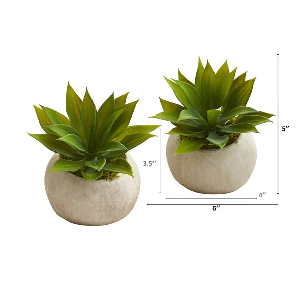 6” Mini Agave Succulent Artificial Plant in Stone Planter (Set of 2)