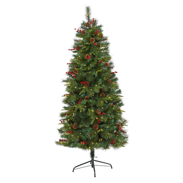 6’ Mixed Pine Artificial Christmas Tree with 250 Clear LED Lights, Pine Cones and Berries