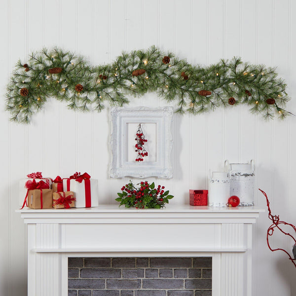 6' North Carolina Pine Artificial Christmas Garland with 30 Warm White LED Lights and Pinecones