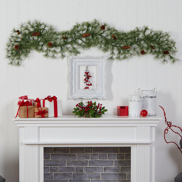 6' North Carolina Pine Artificial Christmas Garland with 30 Warm White LED Lights and Pinecones