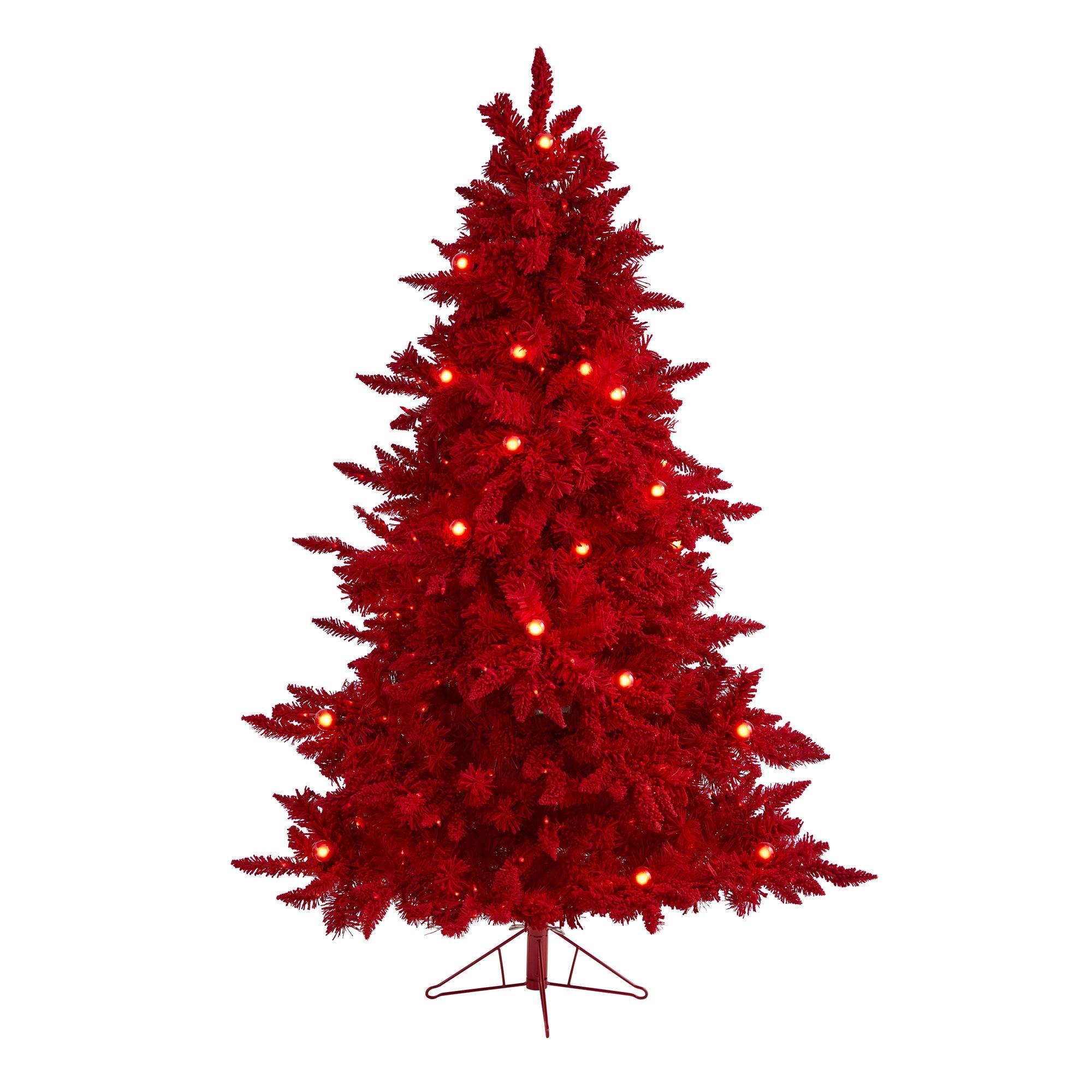 6 Red Flocked Fraser Fir Artificial Christmas Tree with 350 Red Lights 33 Globe Bulbs and 748 Bendable Branches