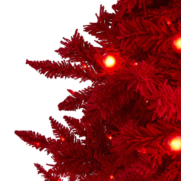 6' Red Flocked Fraser Fir Artificial Christmas Tree with 350 Red Lights, 33 Globe Bulbs and 748 Bendable Branches