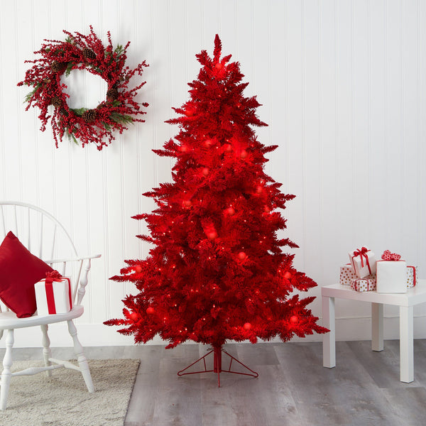 6' Red Flocked Fraser Fir Artificial Christmas Tree with 350 Red Lights, 33 Globe Bulbs and 748 Bendable Branches