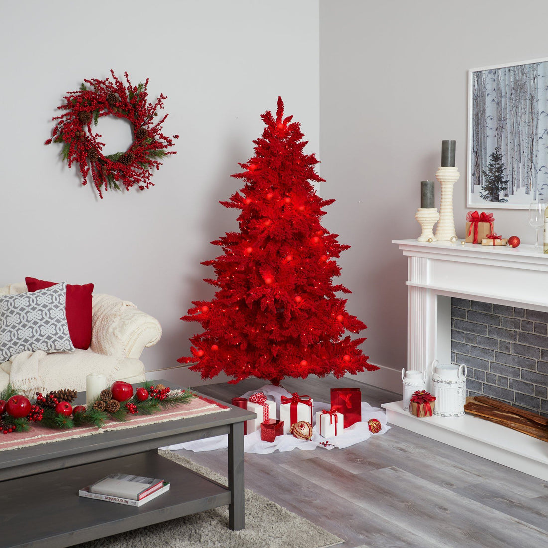 christmas trees with rubber branches 6' Red Flocked Fraser Fir Artificial Christmas Tree with 350 Red Lights, 33 Globe Bulbs and 748 Bendable Branches by Nearly Natural