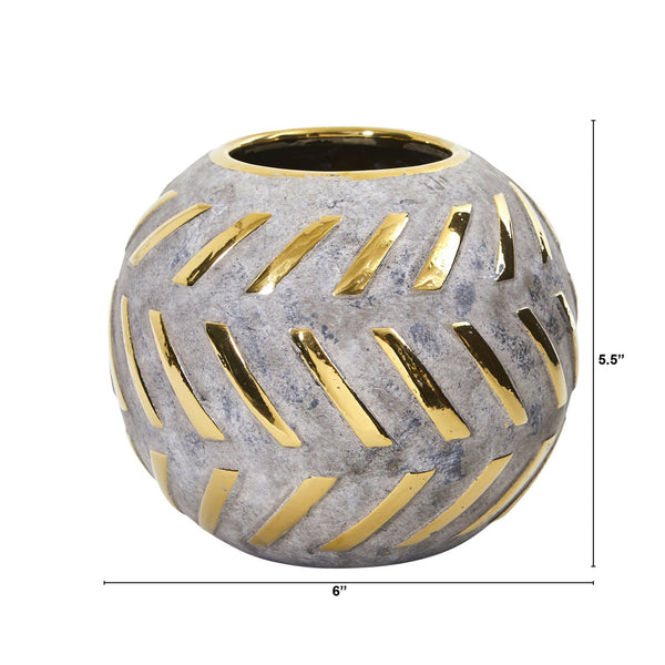 6” Regal Round Stone Vase with Gold Accents