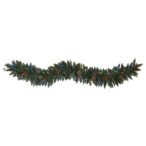 6' Snow Dusted Artificial Christmas Garland with 50 Multicolored LED Lights, Berries and Pinecones