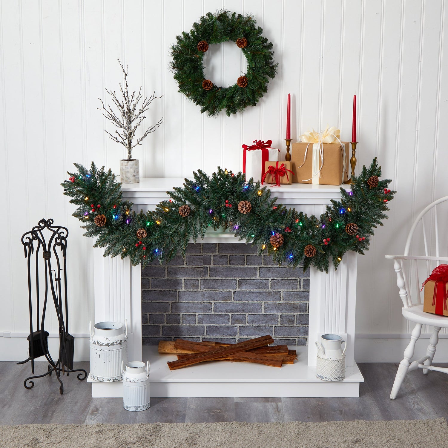 6' Snow Dusted Artificial Christmas Garland with 50 Multicolored LED Lights, Berries and Pinecones