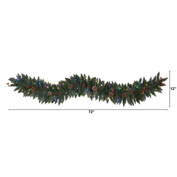 6' Snow Dusted Artificial Christmas Garland with 50 Multicolored LED Lights, Berries and Pinecones