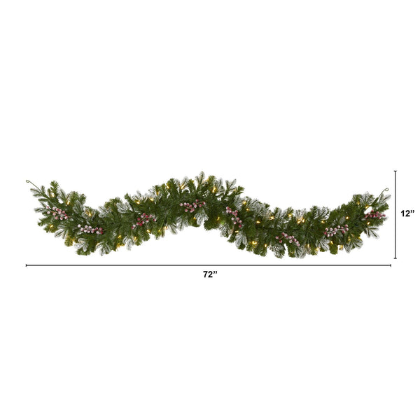 6' Snow Tipped Artificial Christmas Garland with 50 Warm White LED Lights and Berries