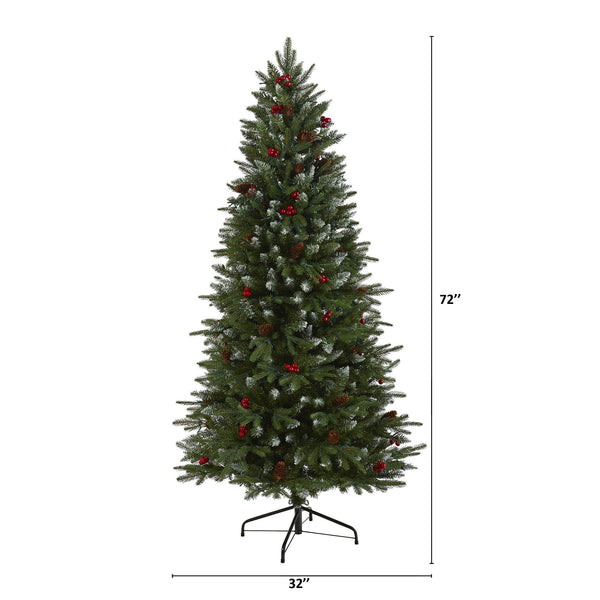 6' Snow Tipped Portland Spruce Artificial Christmas Tree with Frosted Berries and Pinecones with 300 Clear LED Lights