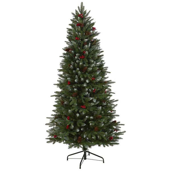 6' Snow Tipped Portland Spruce Artificial Christmas Tree with Frosted Berries and Pinecones with 300 Clear LED Lights