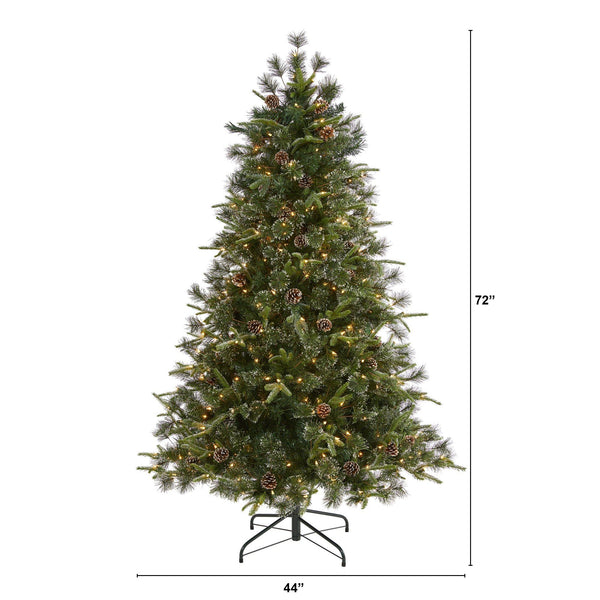 6’ Snowed Tipped Clermont Mixed Pine Artificial Christmas Tree with 250 Clear LED Lights, Pine Cones and 1242 Bendable Branches
