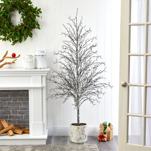 6’ Snowed Twig Artificial Christmas Tree in Decorative Planter