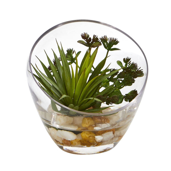 6" Spiky Succulent Artificial Plant in Slanted Glass (Set of 2)"