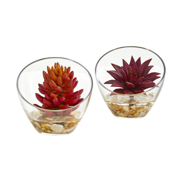 6” Succulent Artificial Plant in Glass Vase (Set of 2)