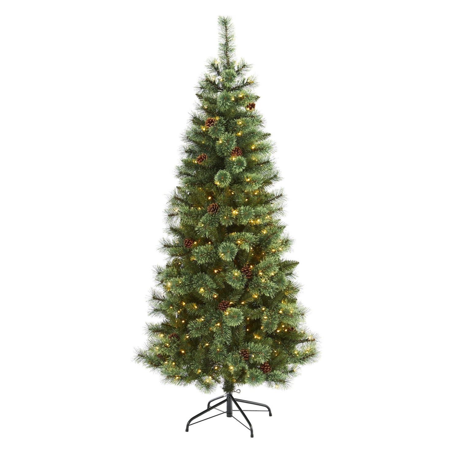 6’ White Mountain Pine Artificial Christmas Tree with 300 Clear LED Lights and Pine Cones