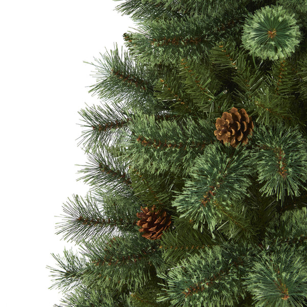 6’ White Mountain Pine Artificial Christmas Tree with 300 Clear LED Lights and Pine Cones