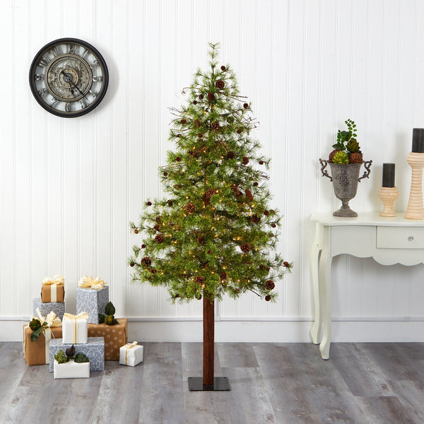 6' Wyoming Alpine Artificial Christmas Tree with 150 Clear (multifunction) LED Lights and Pine Cones on Natural Trunk
