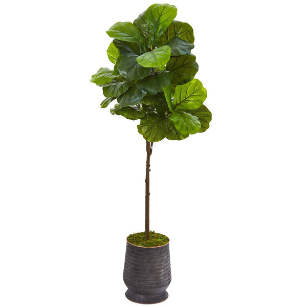 62” Fiddle Leaf Artificial Tree in Ribbed Metal Planter (Real Touch)