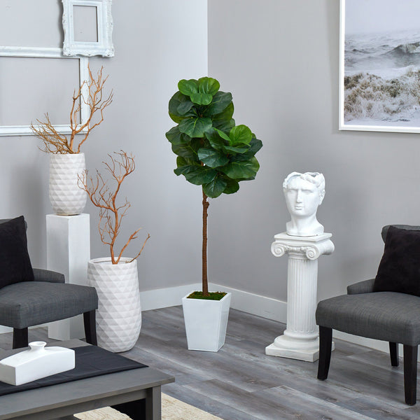 62” Fiddle Leaf Artificial Tree in White Metal Planter