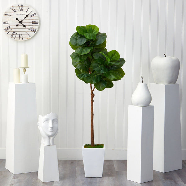 62” Fiddle Leaf Artificial Tree in White Metal Planter