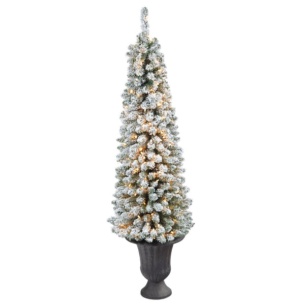 62” Flocked Pencil Artificial Christmas Tree with 200 Clear Lights and 318 Bendable Branches in Charcoal Urn
