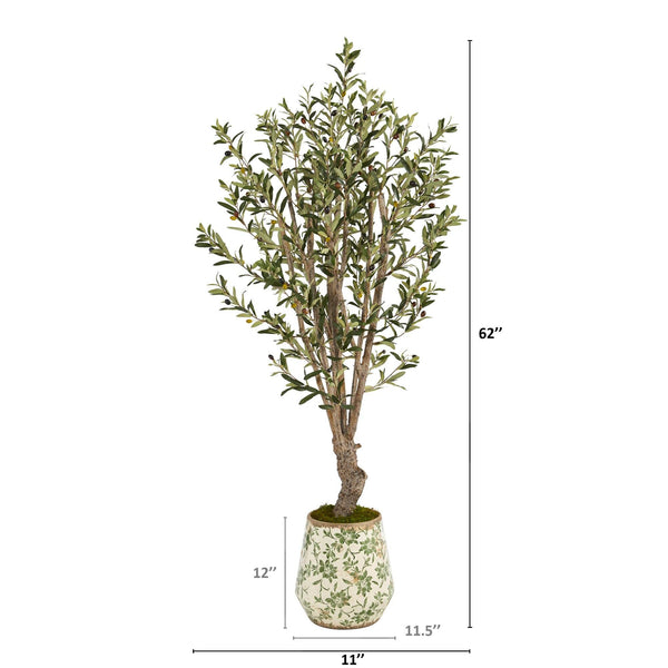 62” Olive Artificial Tree in Floral Print Planter