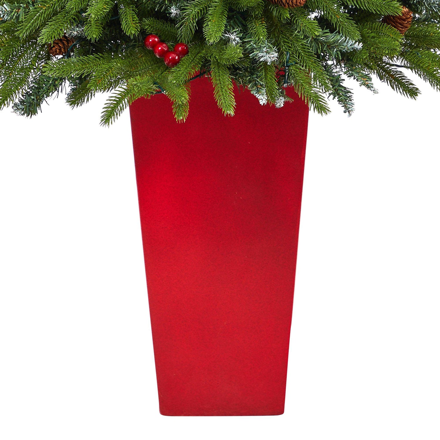 62” Snow Tipped Portland Spruce Artificial Christmas Tree with Frosted Berries and Pinecones with 100 Clear LED Lights in Red Tower Planter