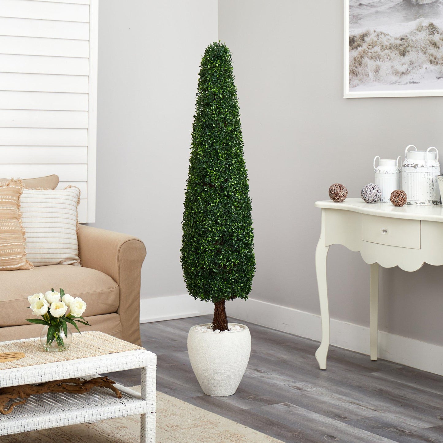 63” Boxwood Topiary Artificial Tree in White Planter UV Resistant ...