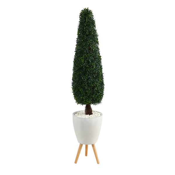 63” Boxwood Topiary Artificial Tree in White Planter with Stand (Indoor/Outdoor)