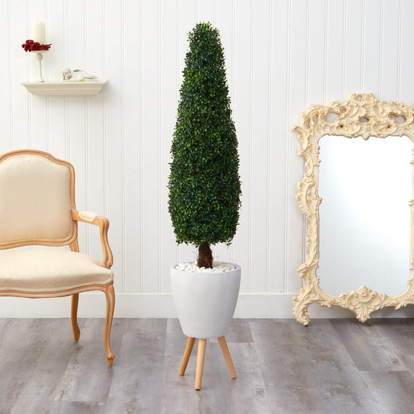 63” Boxwood Topiary Artificial Tree in White Planter with Stand (Indoor/Outdoor)