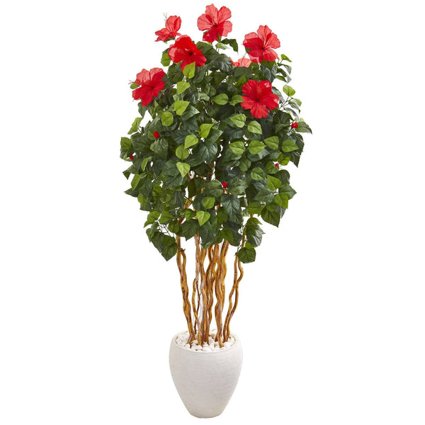 63” Hibiscus Artificial Tree in White Planter