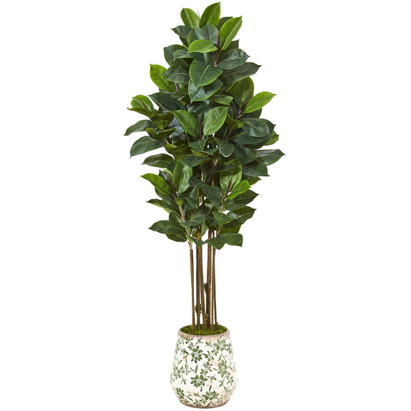63” Rubber Leaf Artificial Tree in Floral Print Planter