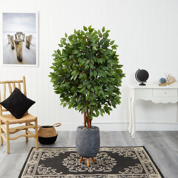 63” Super Deluxe Artificial Ficus Tree in Gray Planter with Stand