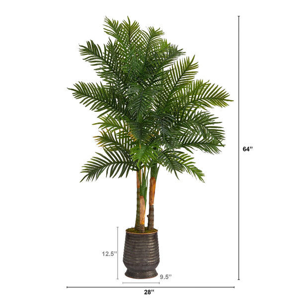 64” Areca Palm Artificial Tree in Ribbed Metal Planter (Real Touch)