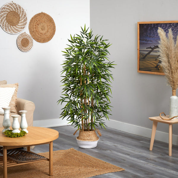 64” Bamboo Tree with Natural Bamboo Trunks in Boho Chic Handmade Cotton & Jute White Woven Planter